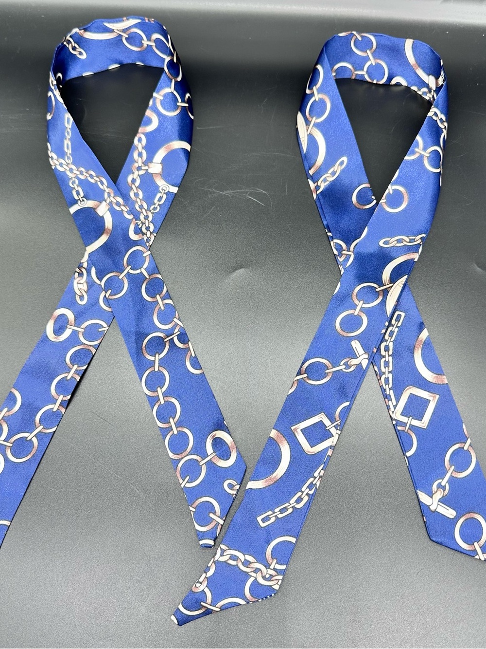 2pc Blue Twilly Scarf Set 32" Gold Chain Small Purse Handle Wrap/ Hair Ribbon